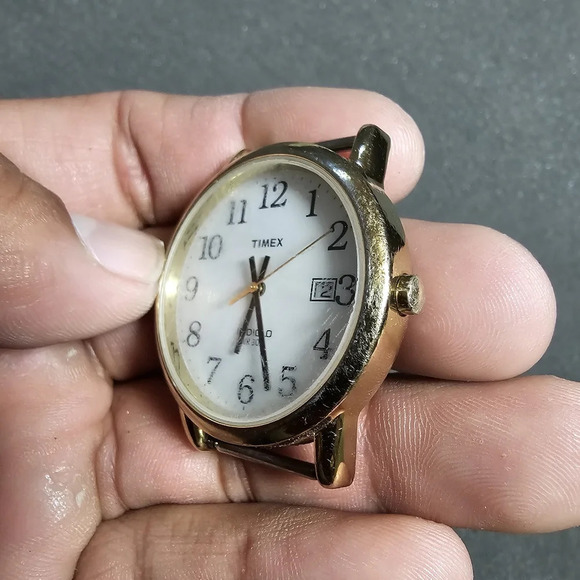 Timex Indiglo Date Just Mens Quartz Watch Gold Tone White Dial Working No Strap - Picture 5 of 6